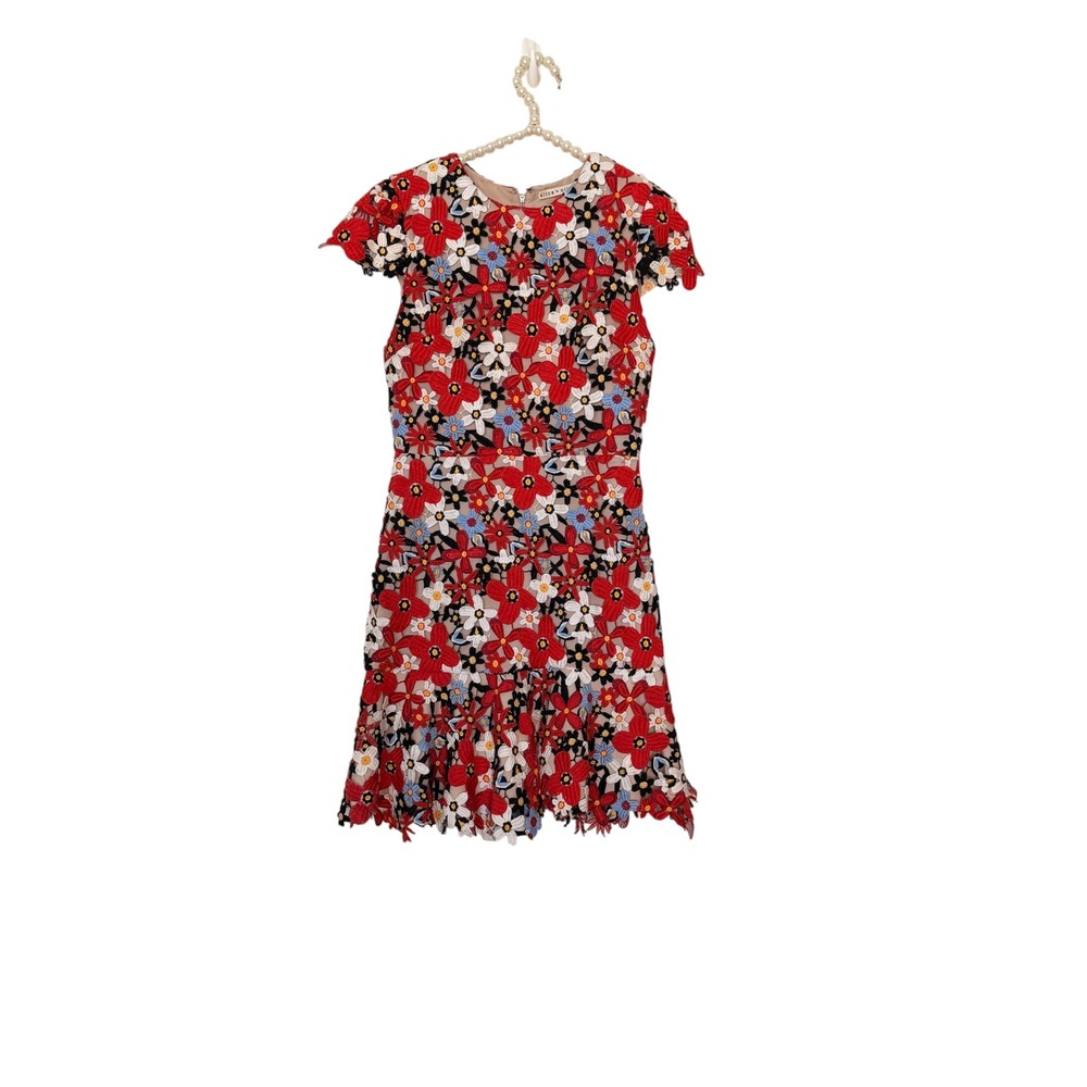 Alice + Olivia Floral Guipure Lace Mini Dress Red White Blue Size 4 Grannycore